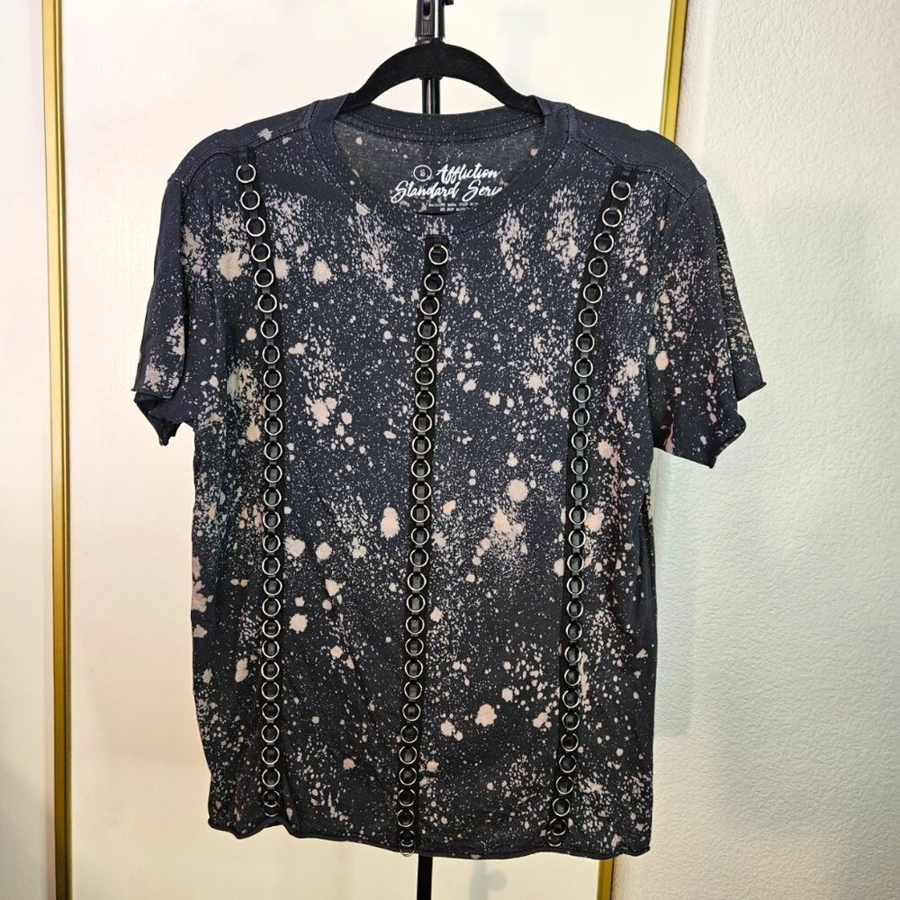 Affliction Fitted T-Shirt Raw Hem Unisex Tie Dyed/Hardware Size S